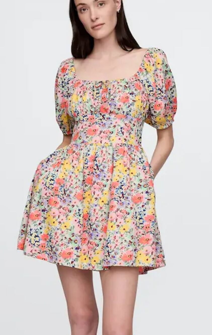 Gap Floral Puff-Sleeve Square Neck Smocked Babydoll Mini Dress Multicolor XS